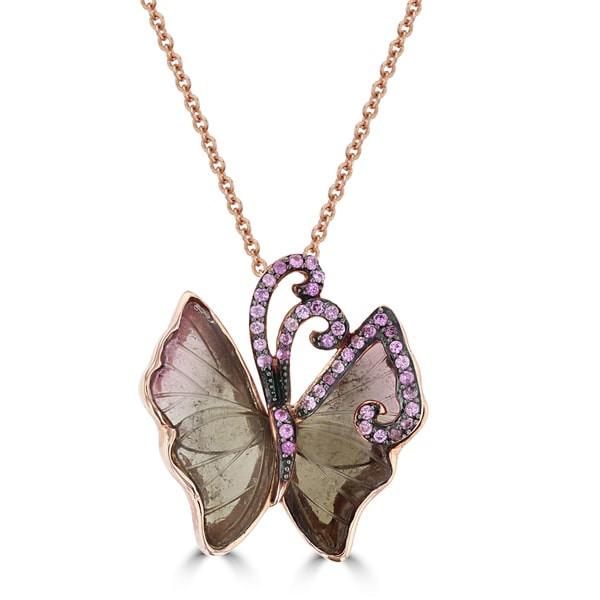14K Rose Gold Natural Tourmaline 3.36cts and Pink Sapphire Butterfly Necklace by La Vita Vita