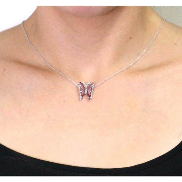 14k White Gold 4 1/10ct TGW Natural Tourmaline and Diamond Accent Butterfly Necklace