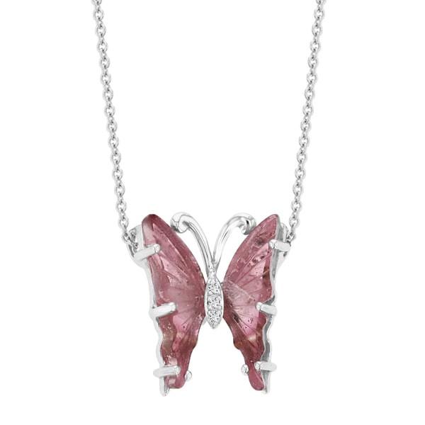 14k White Gold 4 1/10ct TGW Natural Tourmaline and Diamond Accent Butterfly Necklace