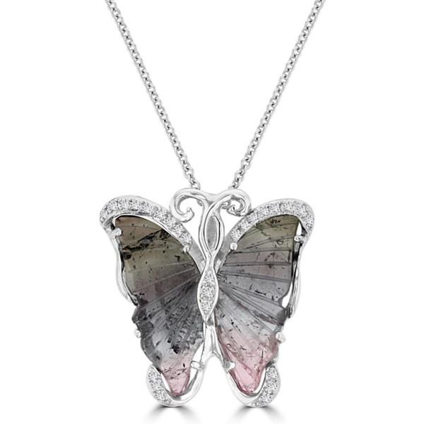 14K White Gold 6.50ct Tourmaline and 0.14ct TDW Diamond Butterfly Pendant Necklace by La Vita Vital (VS-SI1, G-H)