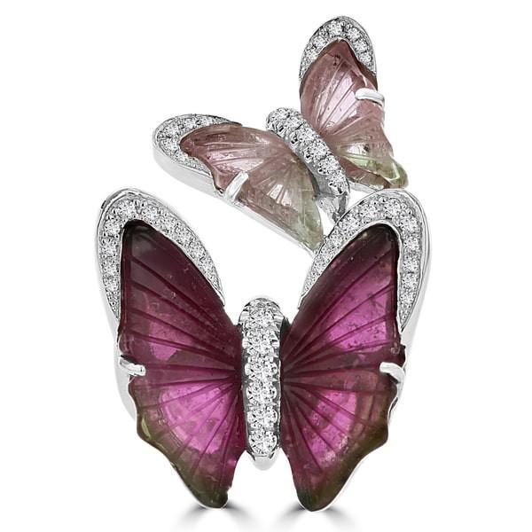 14k White Gold Natural Tourmaline and 1/3ct TDW Diamond Butterfly Ring