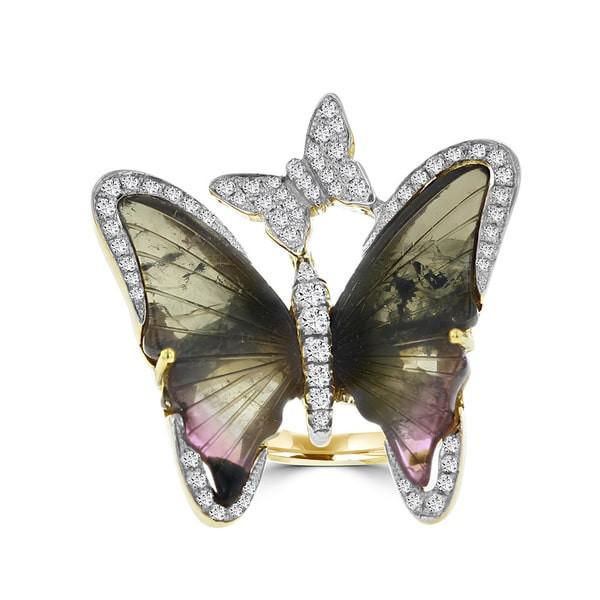 14k Yellow Gold 12 5/8ct TGW Tourmaline and 1/2ct TDW Diamond Butterfly Ring