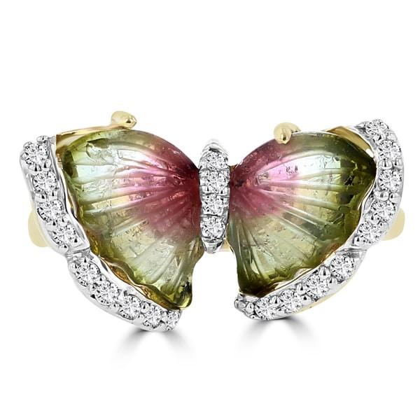 14K Yellow Gold Natural Tourmaline 2.92cts and Diamond 0.22ct TDW Butterfly Ring