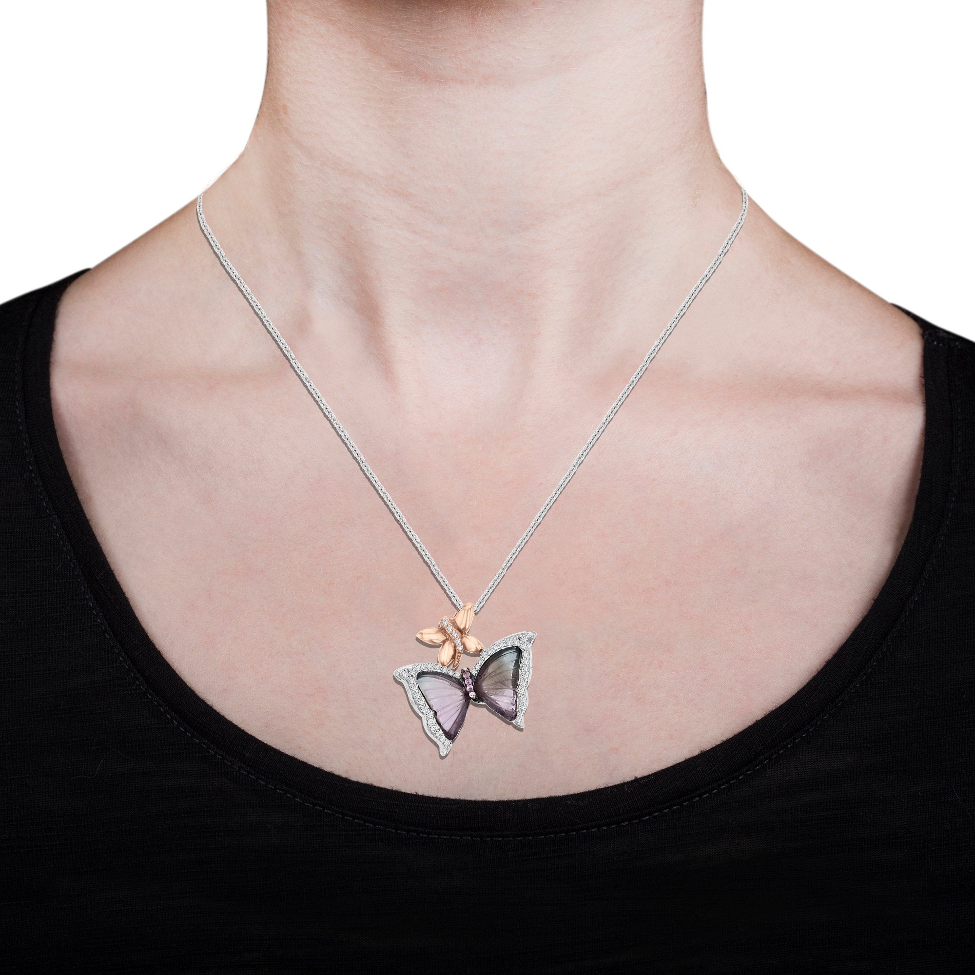 14K White Gold 8.29ct Tourmaline and 0.12ct TDW Diamond Butterly Necklace