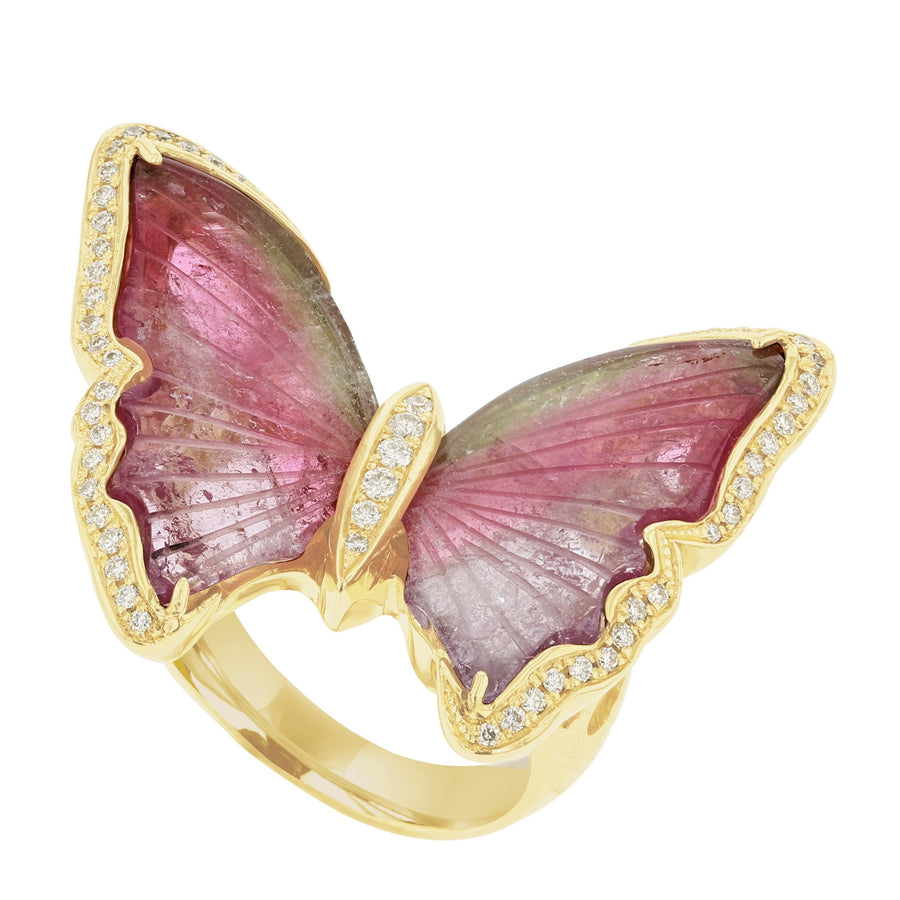 14K Yellow Gold Brazilian Tourmaline 10.90cts and Diamond 0.28cts (SI1-VS G-H) Butterfly Ring