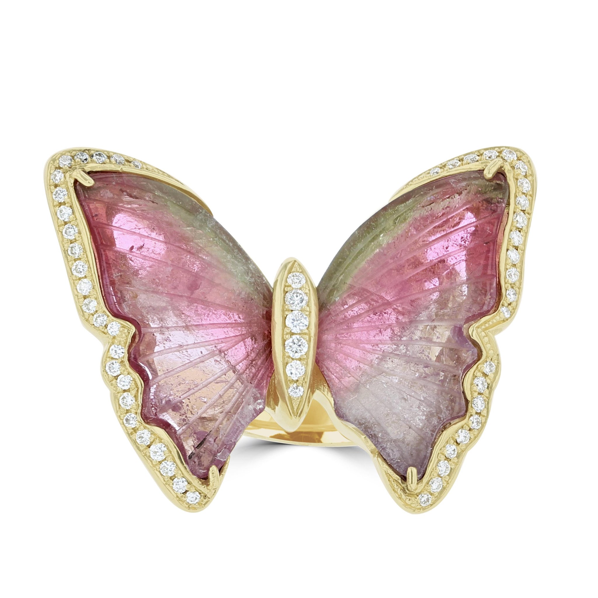 14K Yellow Gold Brazilian Tourmaline 10.90cts and Diamond 0.28cts (SI1-VS G-H) Butterfly Ring