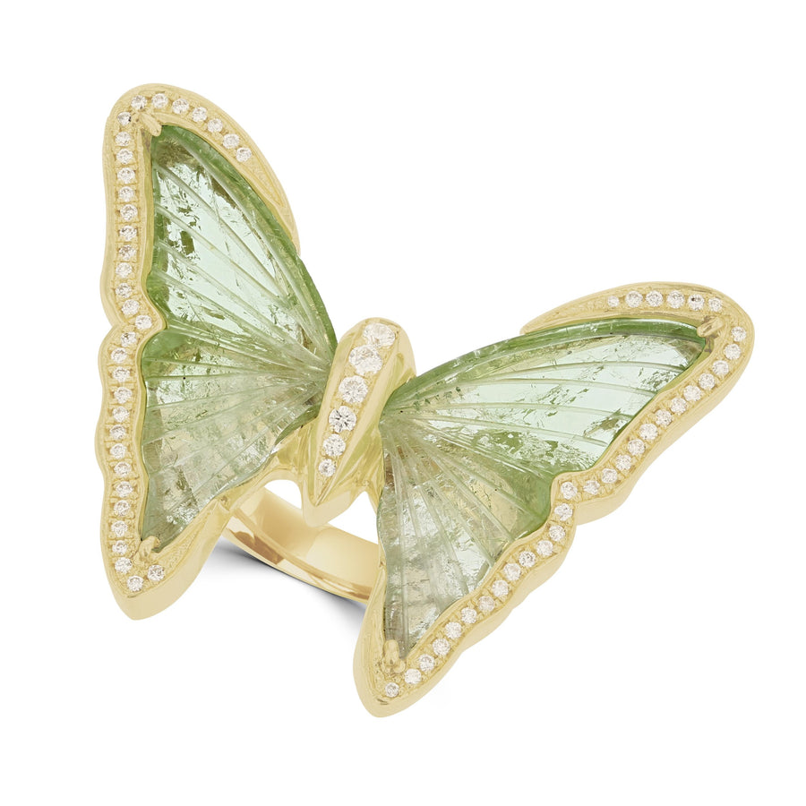 14K Yellow Gold Brazilian Tourmaline 10.57cts & Diamond 0.28cts Butterfly Ring
