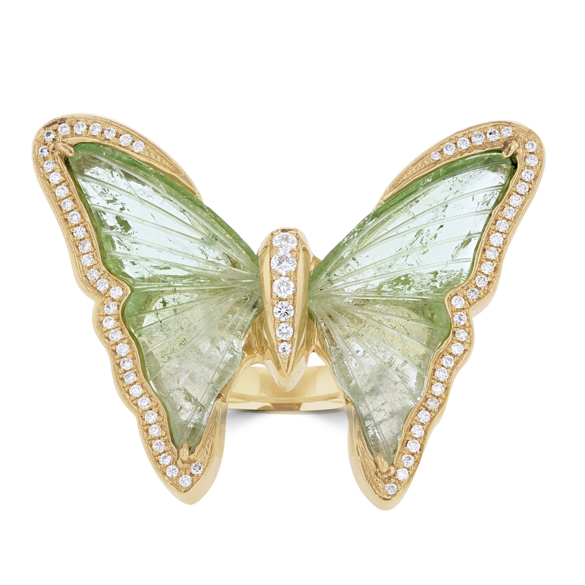14K Yellow Gold Brazilian Tourmaline 10.57cts & Diamond 0.28cts Butterfly Ring