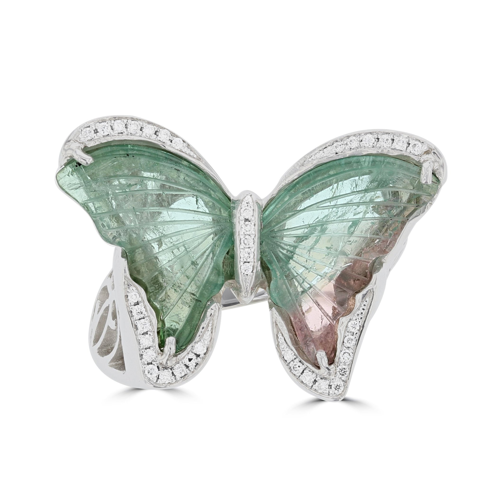 14K White Gold Brazilian Tourmaline 6.19cts & Diamond 0.14cts (SI1-VS, G-H) Butterfly Ring
