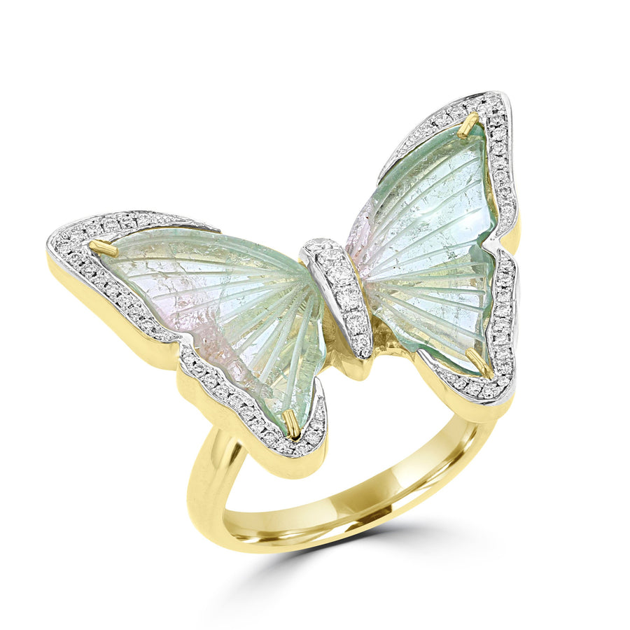14K Yellow Gold Brazilian Tourmaline 8.20cts & Diamond 0.34cts Butterfly (SI1,VS G-H)Ring