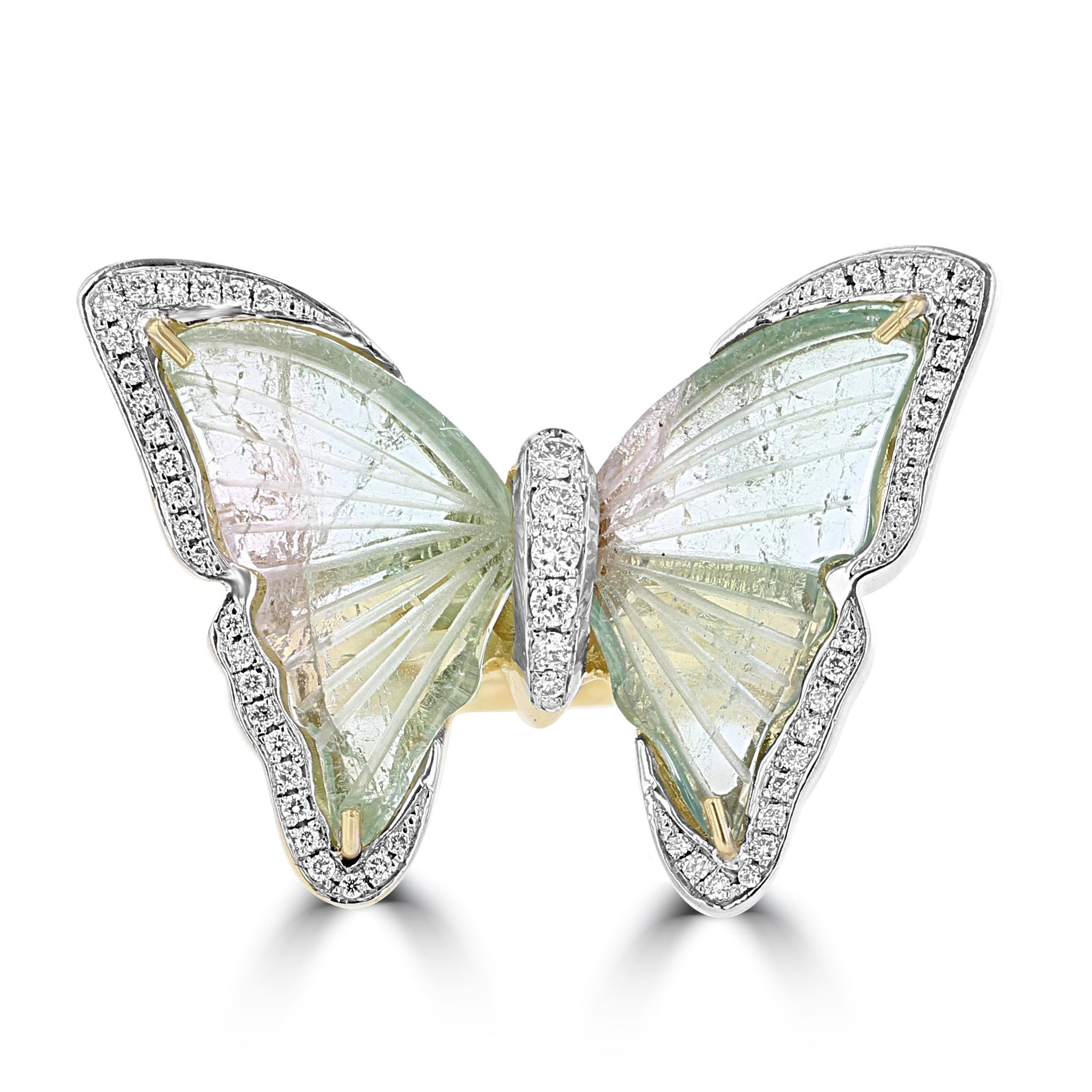 14K Yellow Gold Brazilian Tourmaline 8.20cts & Diamond 0.34cts Butterfly (SI1,VS G-H)Ring