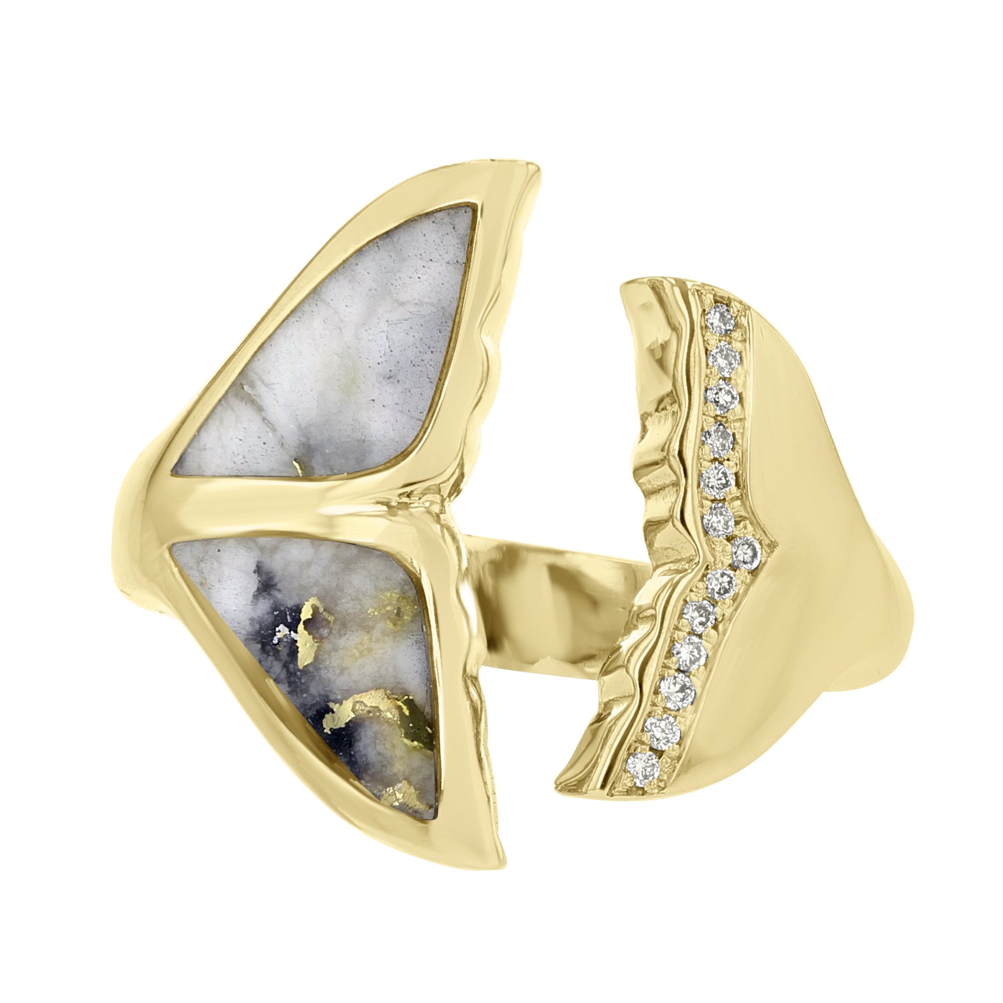 14K Yellow Gold, Diamonds 0.06ct & Gold Quartz Inlay Whale Tail Ring