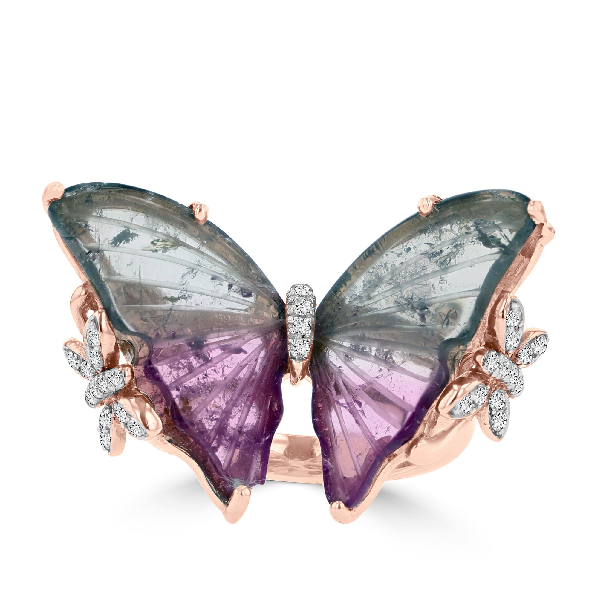 14K Rose Gold Natural Tourmaline 6.65cts and Diamond 0.20ct Butterfly Ring