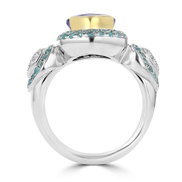 18K White/Yellow Gold Pear Tanzanite 5.12cts, Paraiba Tourmaline 0.69ct and Diamond 0.14ct TDW (SI1-VS, G-H) Ring