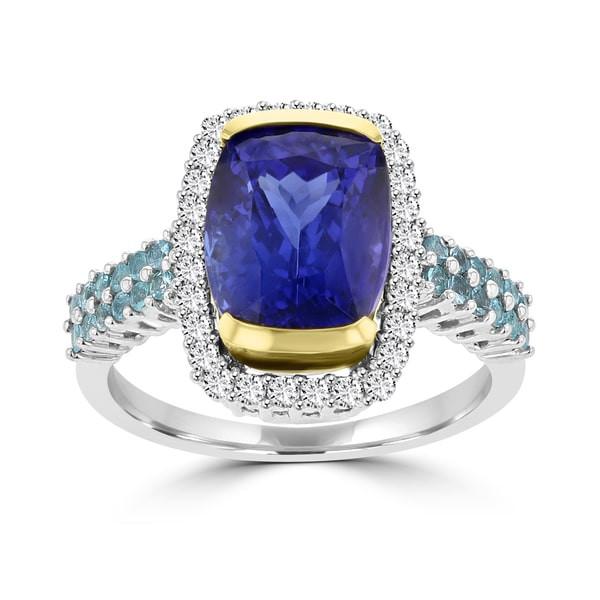 18K White/Yellow Gold Cushion Tanzanite 4.73cts, Paraiba Tourmaline 0.35ct and Diamond 0.35ct TDW (SI1-VS, G-H) Ring