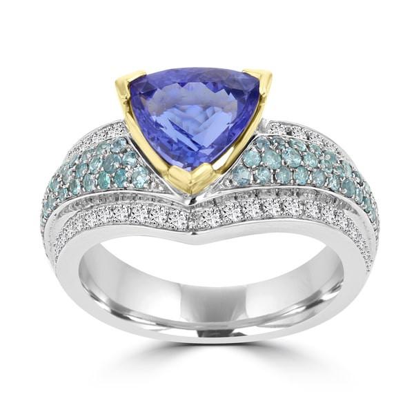 18K White/Yellow Gold Trillion Tanzanite 2.76cts, Paraiba Tourmaline 0.50ct and Diamond 0.35ct TDW (SI1-VS, G-H) Ring