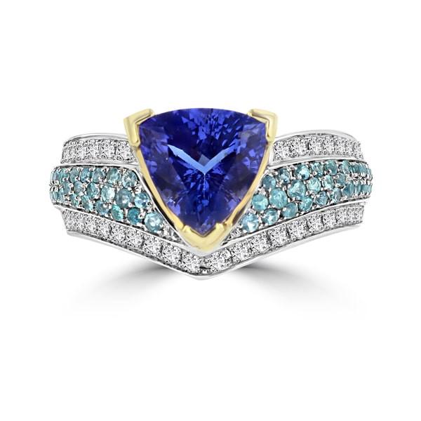 18K White/Yellow Gold Trillion Tanzanite 2.76cts, Paraiba Tourmaline 0.50ct and Diamond 0.35ct TDW (SI1-VS, G-H) Ring