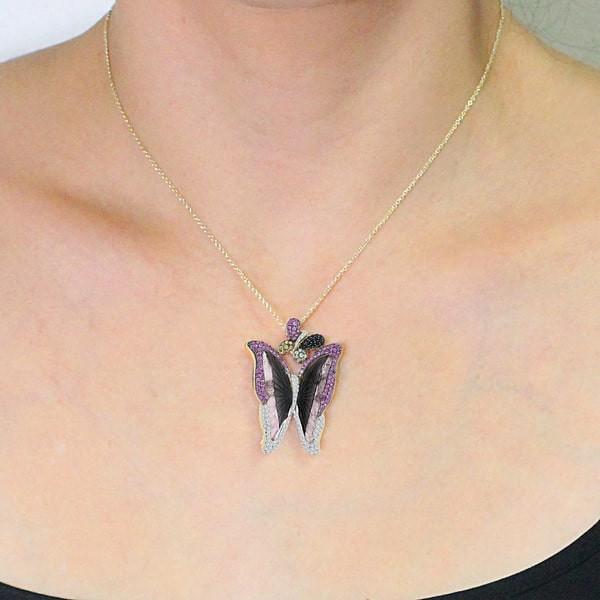 18k Yellow Gold 16 2/5ct Tourmaline Sapphire and Diamond Butterfly Necklace