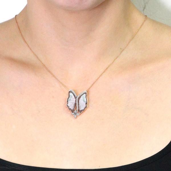 14k Rose Gold 12 1/2ct Natural Tourmaline and 1/5ct TDW Diamond Butterfly Necklace
