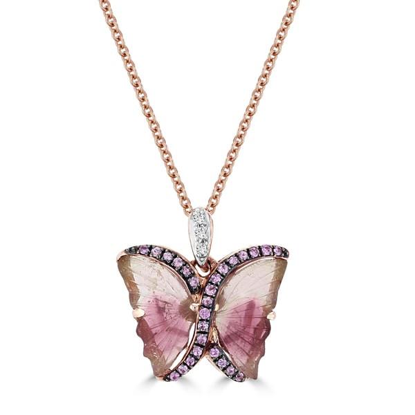 14k Rose Gold Natural Tourmaline 2 3/4ct and Pink Sapphire Butterfly Necklace
