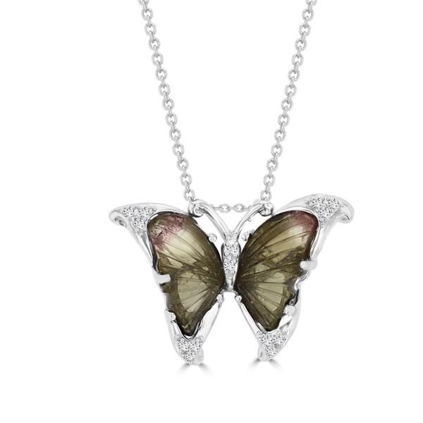 14k White Gold 4ct Natural Tourmaline and 1/10ct TDW Diamond Butterfly Pendant